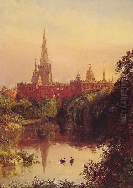 A View in Central Park - The Spire of Dr. Hall's Church in the Distance Oil Painting by Jasper Francis Cropsey