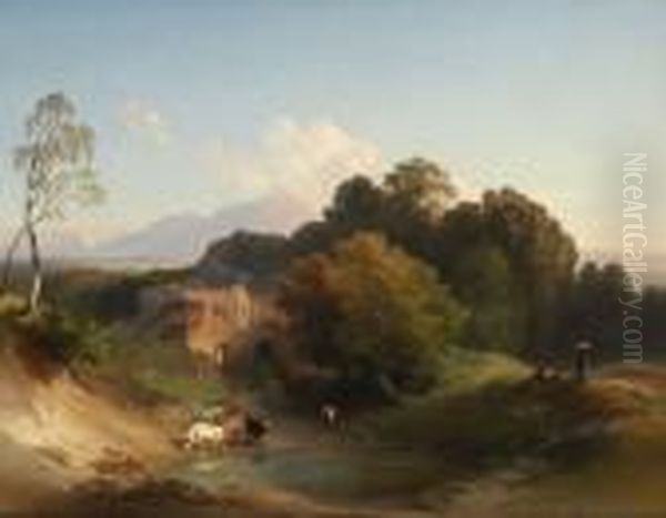 Vorgebirgslandshaft Mit
 Schlosruine Oil Painting by Johann Heinrich Fischbach