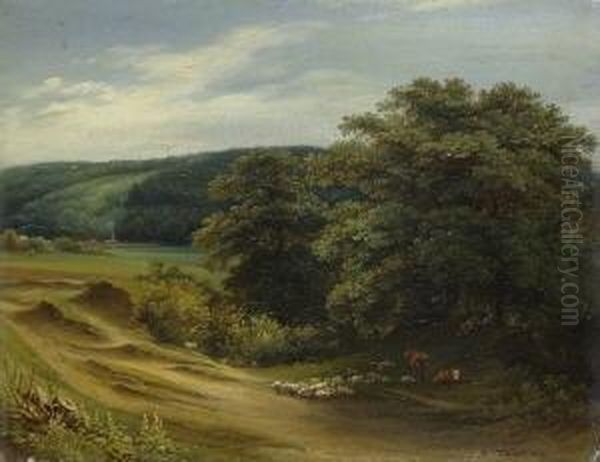 Hirten Mit Kuhen Und Schafen Am
 Waldrand Oil Painting by Johann Heinrich Fischbach