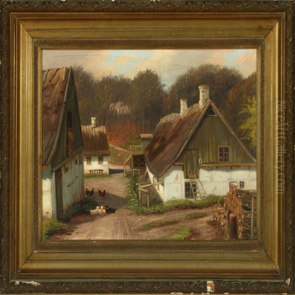 Scenery From A Farmwith Ducks And Chickens Oil Painting by Edmund Fischer