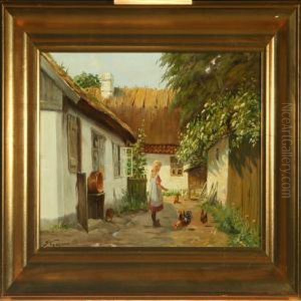 Farm Exterior With Young Girl Oil Painting by Edmund Fischer