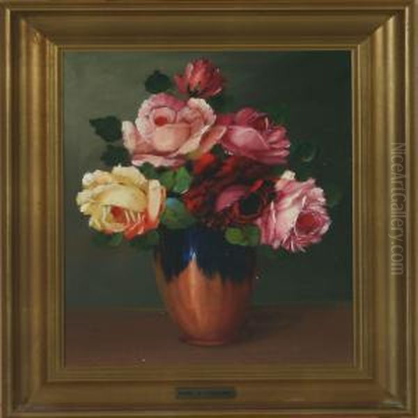 Scenery From Saeby And Still Life With Roses Oil Painting by Edmund Fischer