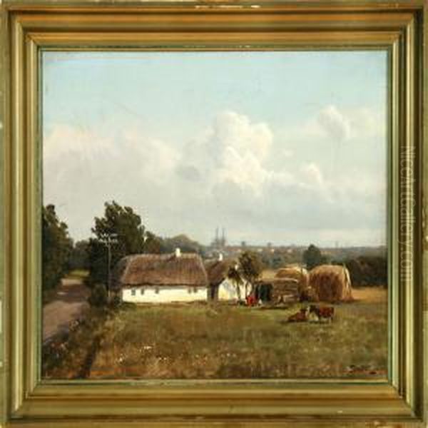 Danish Autumn Landscape With A Farm Outside Roskilde Town Oil Painting by Edmund Fischer