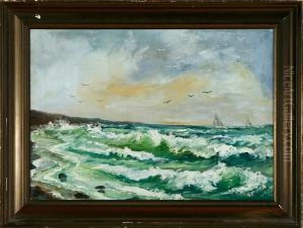 A Coastal Scenery With High Breakers. Signed E. Fischer Oil Painting by Edmund Fischer