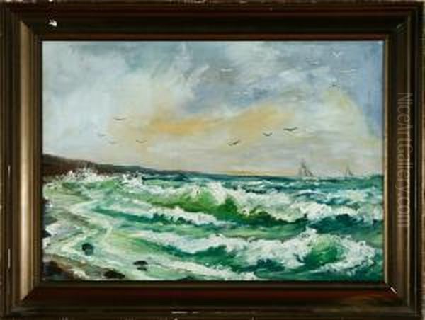 A Coastal Scenery With High Breakers Oil Painting by Edmund Fischer