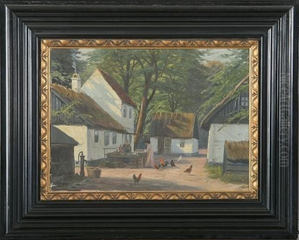 Exterior With Chicken In Front Of Peter Liebs House Oil Painting by Edmund Fischer