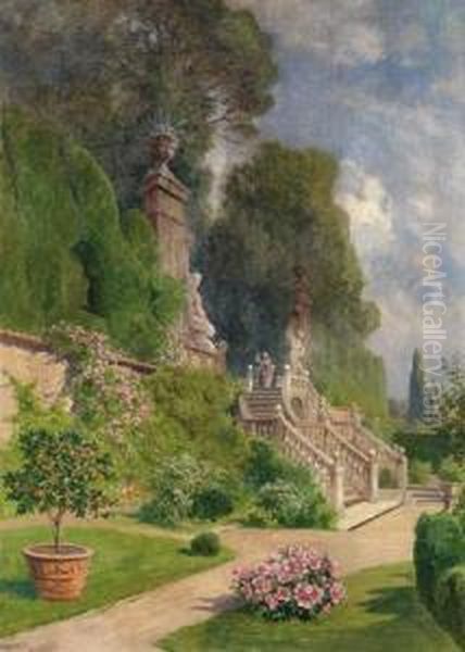 Im Park Der Villa Garzoni Oil Painting by Ludwig Hans Fischer