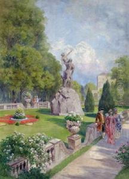 Begeg Nung Im Garten Der Villagarzoni Oil Painting by Ludwig Hans Fischer