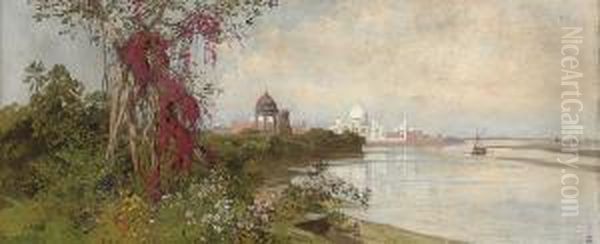 The Taj Mahal From The Banks Of The Yamuna River Oil Painting by Ludwig Hans Fischer