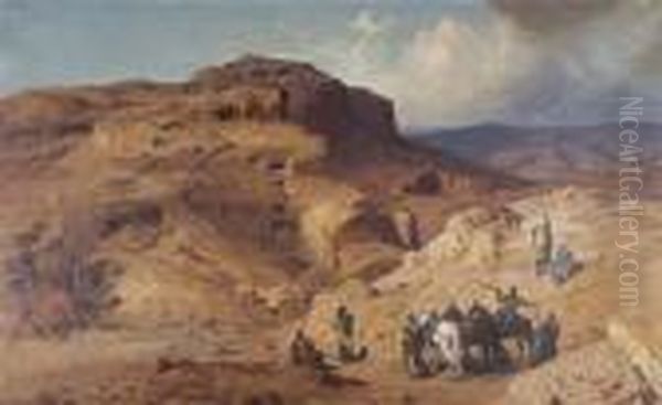 German, - Bedouin Near Masada,1880 Oil Painting by Ludwig Hans Fischer