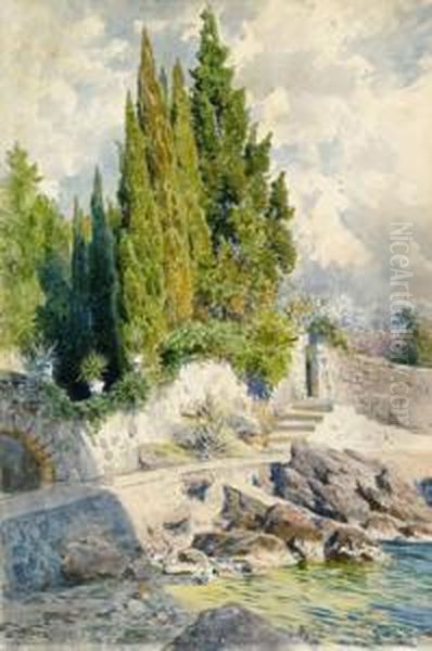 Riva Del Mare Con Cipressi Oil Painting by Ludwig Hans Fischer