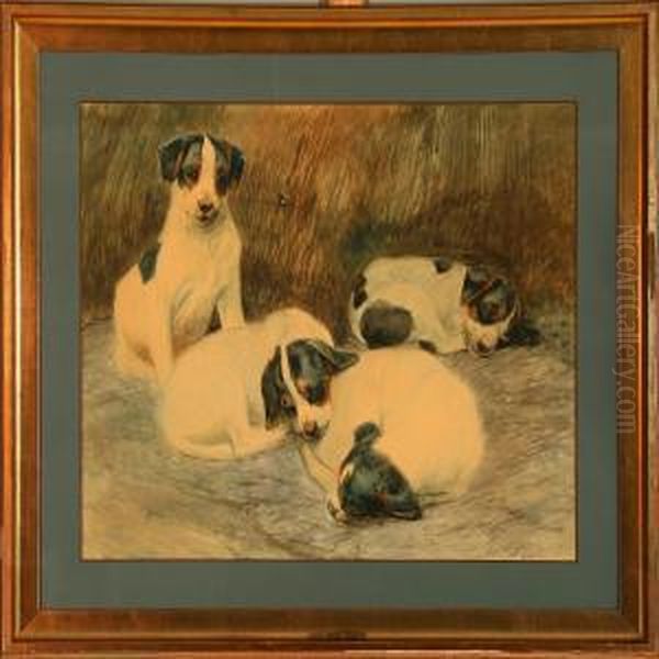 Four Puppies Oil Painting by Vilhelm Theodor Fischer