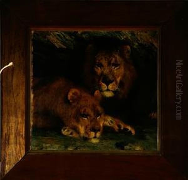 A Resting Lion Couple. Signed Vilh. Th. F. . Oil On Canvas. 43 X 45 Cm Oil Painting by Vilhelm Theodor Fischer