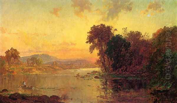 Fisherman in Autumn Landscape Oil Painting by Jasper Francis Cropsey