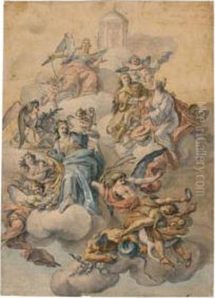 Design For A Ceiling Decoration:
 The Apotheosis Of A Young Man Surrounded By Allegorical Figures Oil Painting by Fedele Fischetti