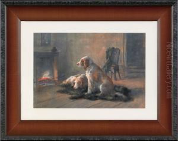 Two Sporting Dogs In Front Of A Fire Oil Painting by Hugo Anton Fisher