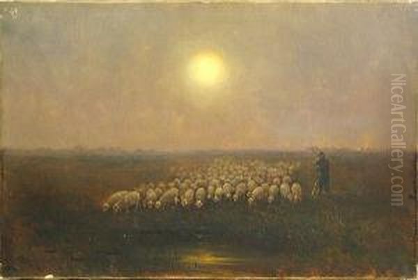 A Shepherd Leading His Flock To Water Oil Painting by Hugo Anton Fisher