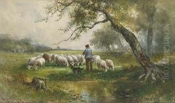 A Shepherd, His Dog, And His Flock In A Pasture Oil Painting by Hugo Anton Fisher