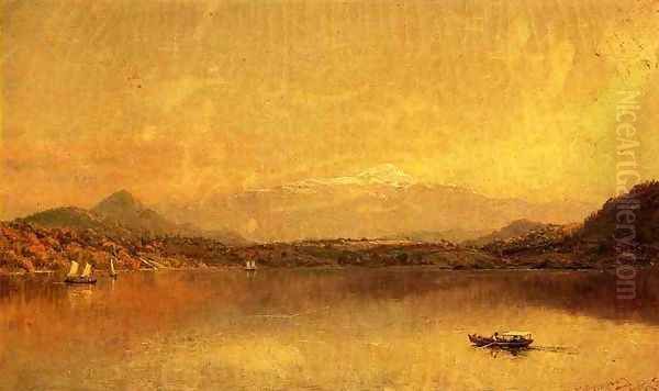 Autumn Landscape with Boaters on a Lake Oil Painting by Jasper Francis Cropsey