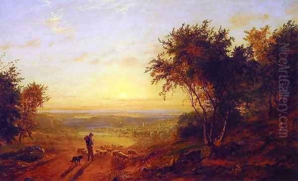 The Return Home: Landscape with Shepherd and Sheep Oil Painting by Jasper Francis Cropsey