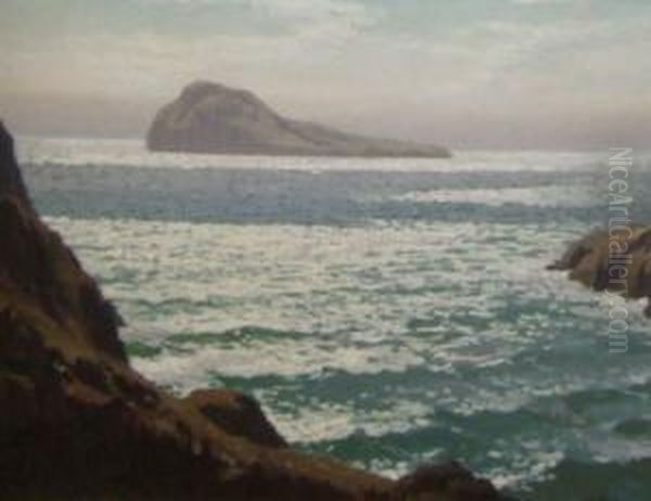 A Sunlit Coastal View Oil Painting by E. Hedley Fitton