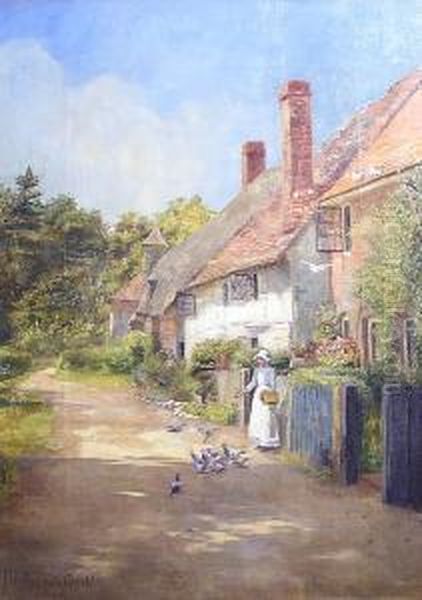 A Village Street, With Maid Feeding Doves Oil Painting by Florence Fitzgerald