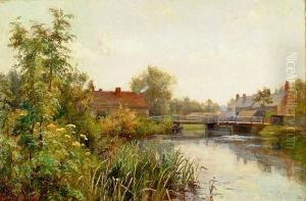 River Landscape With Cottages By A Bridge, Signed Oil Painting by Florence Fitzgerald