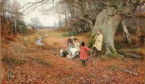 Extensive Autumnal Woodland Scene, With Children In The Foreground Oil Painting by Florence Fitzgerald