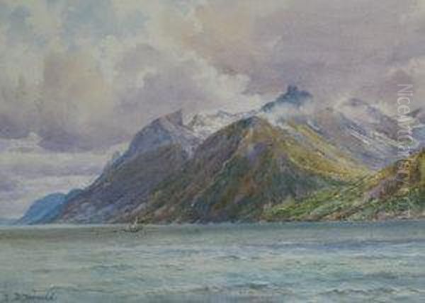 Marine Scene With A Sailing Vessel And Snow Capped Mountains Beyond Oil Painting by Frederick R. Fitzgerald