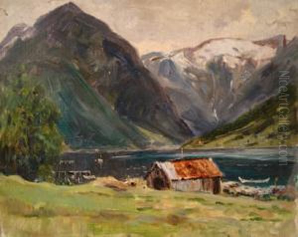 ' Norway ' View Of A Building Before A Fjord Oil Painting by Frederick R. Fitzgerald