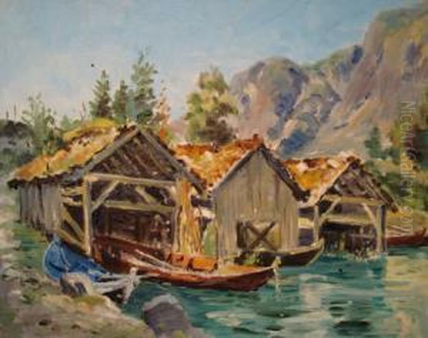 Boat Houses Loen Lake Oil Painting by Frederick R. Fitzgerald