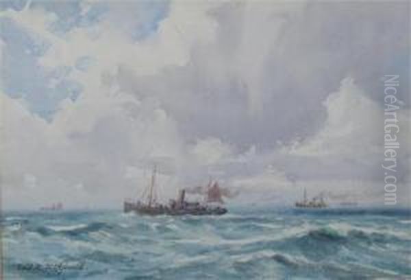 Steamships In A Choppy Sea Oil Painting by Frederick R. Fitzgerald