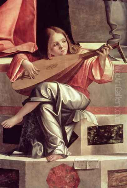 Minstrel angel playing a lute, detail from The Presentation of Jesus in the Temple, 1510 (detail) Oil Painting by Vittore Carpaccio