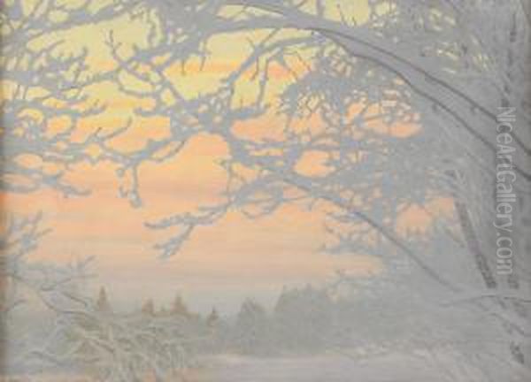 Kall Vinterafton - Frost Pa Traden Oil Painting by Gustaf Fjaestad