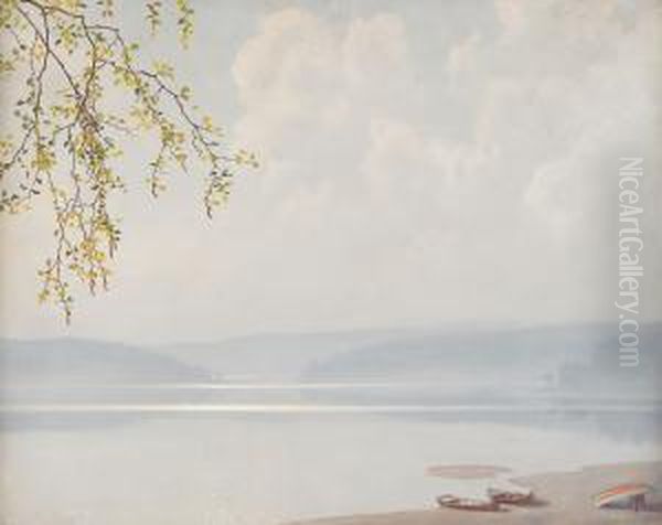 Vy Over Sjolandskap Med Roddbatar Pa Stranden Oil Painting by Gustaf Fjaestad