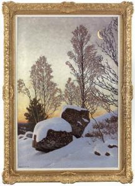 Skymning Over Snotackta Stenar Oil Painting by Gustaf Fjaestad