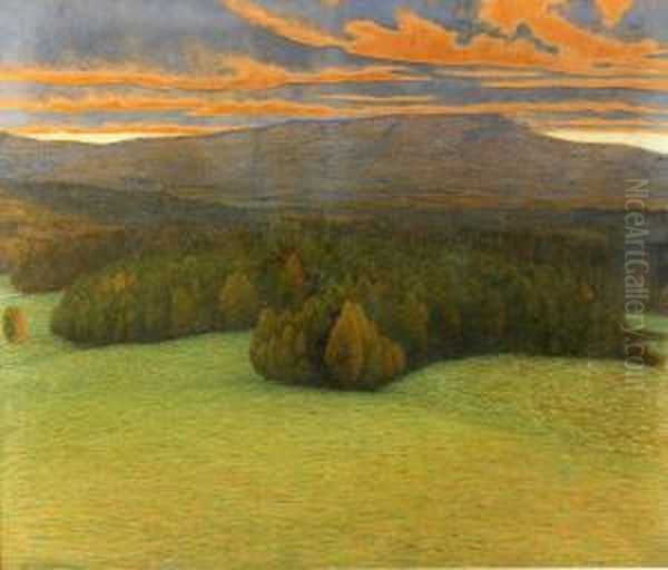 Landskapsutsikt I Aftonrodnad Oil Painting by Gustaf Fjaestad