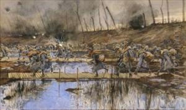 Infantry Battle Scene Oil Painting by Francois Flameng