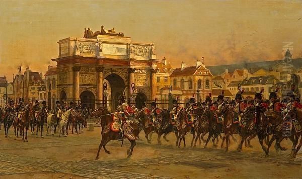 Napoleon And His Staff Reviewing
 The Mounted Chasseurs Of The Imperial Guard Before The Arc De Triomphe 
Du Carrousel Oil Painting by Francois Flameng