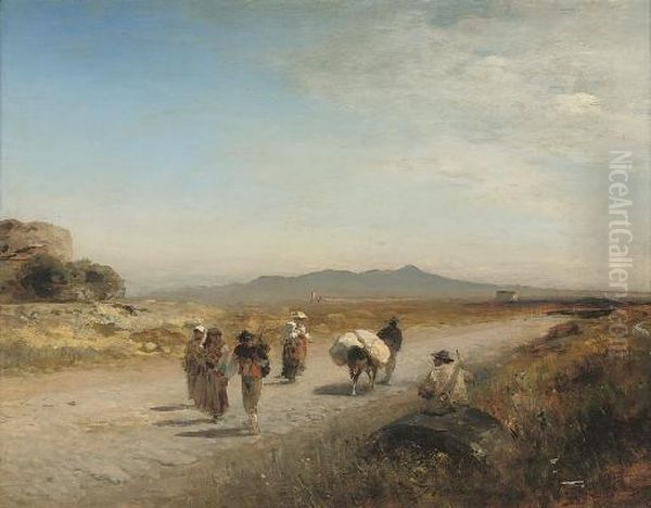 Travellers On The Roman Campagna Oil Painting by Albert Flamm