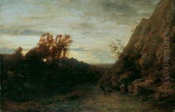 Gebirgslandschaft Mit Wanderern.
 Signiert Unten Rechts: A. Flamm. Ol Auf Leinwand. H 38,5; B 59,5 Cm. Oil Painting by Albert Flamm