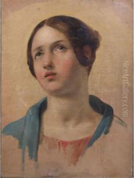 Study Of A Young Woman Looking Up Oil Painting by Hippolyte Flandrin