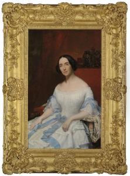 Portrait Of Helena, Baronne 
Fould, Seated, Three-quarter-length, In A White Dress With Blue Ribbon Oil Painting by Hippolyte Flandrin