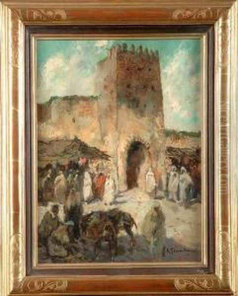 Marche A La Porte De La Ville En Afrique Du Nord Oil Painting by Gustave Flasschoen