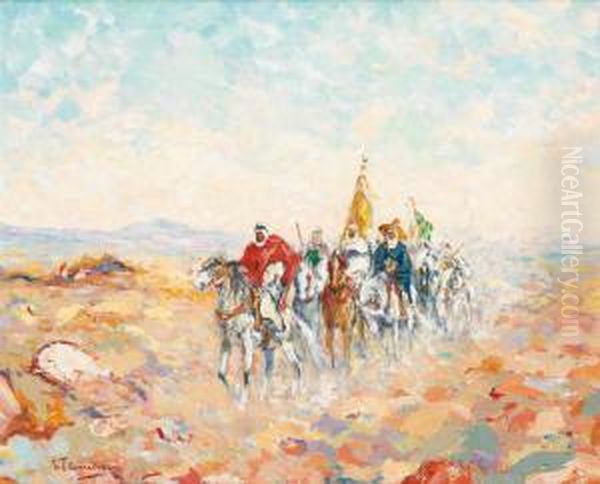 La Chevauchee Des Caids, Drapeaux En Tete Oil Painting by Gustave Flasschoen