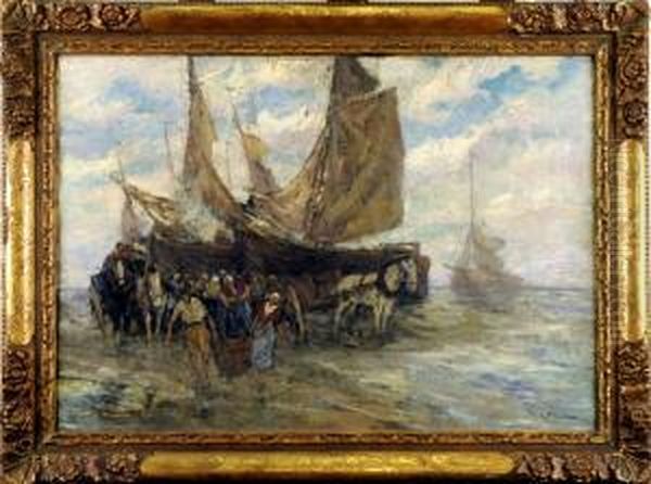 L'arrivee Des Pecheurs Oil Painting by Gustave Flasschoen