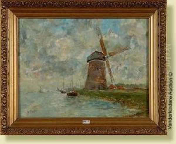 Paysage Hollandais Au Moulin Oil Painting by Gustave Flasschoen