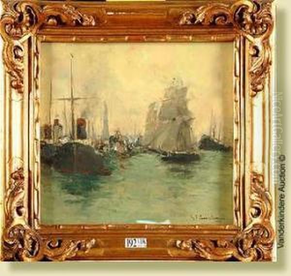 Vue De Port Oil Painting by Gustave Flasschoen