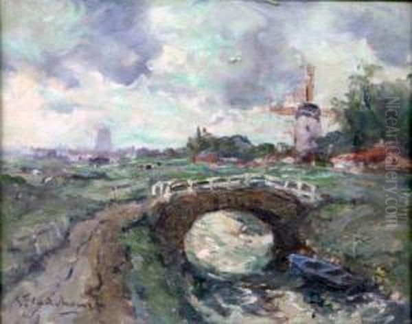 Le Pont Devant Le Moulin Oil Painting by Gustave Flasschoen