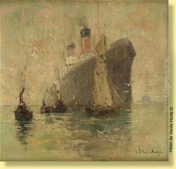 Remorqueur, Voilier Et Transatlantique Oil Painting by Gustave Flasschoen